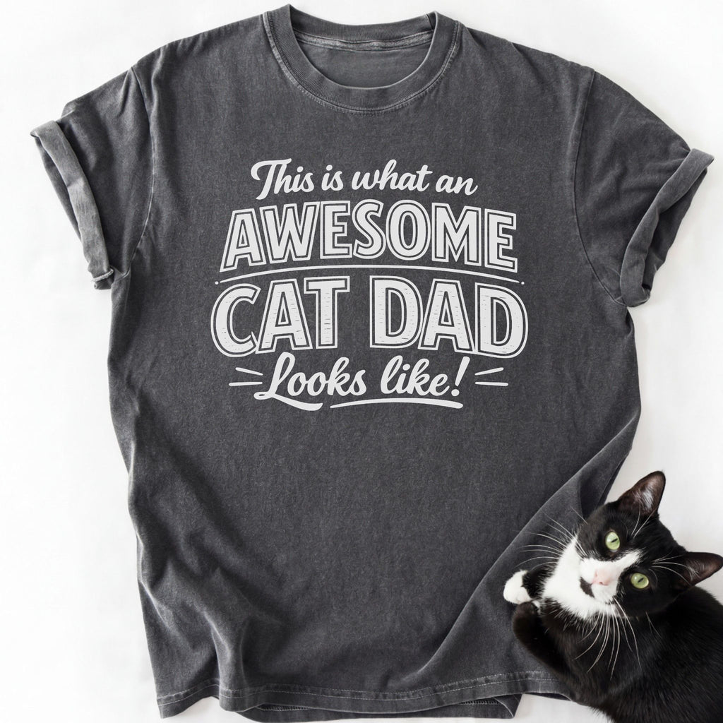 Dark gray heathered cat dad graphic tee with 'Awesome Cat Dad' text