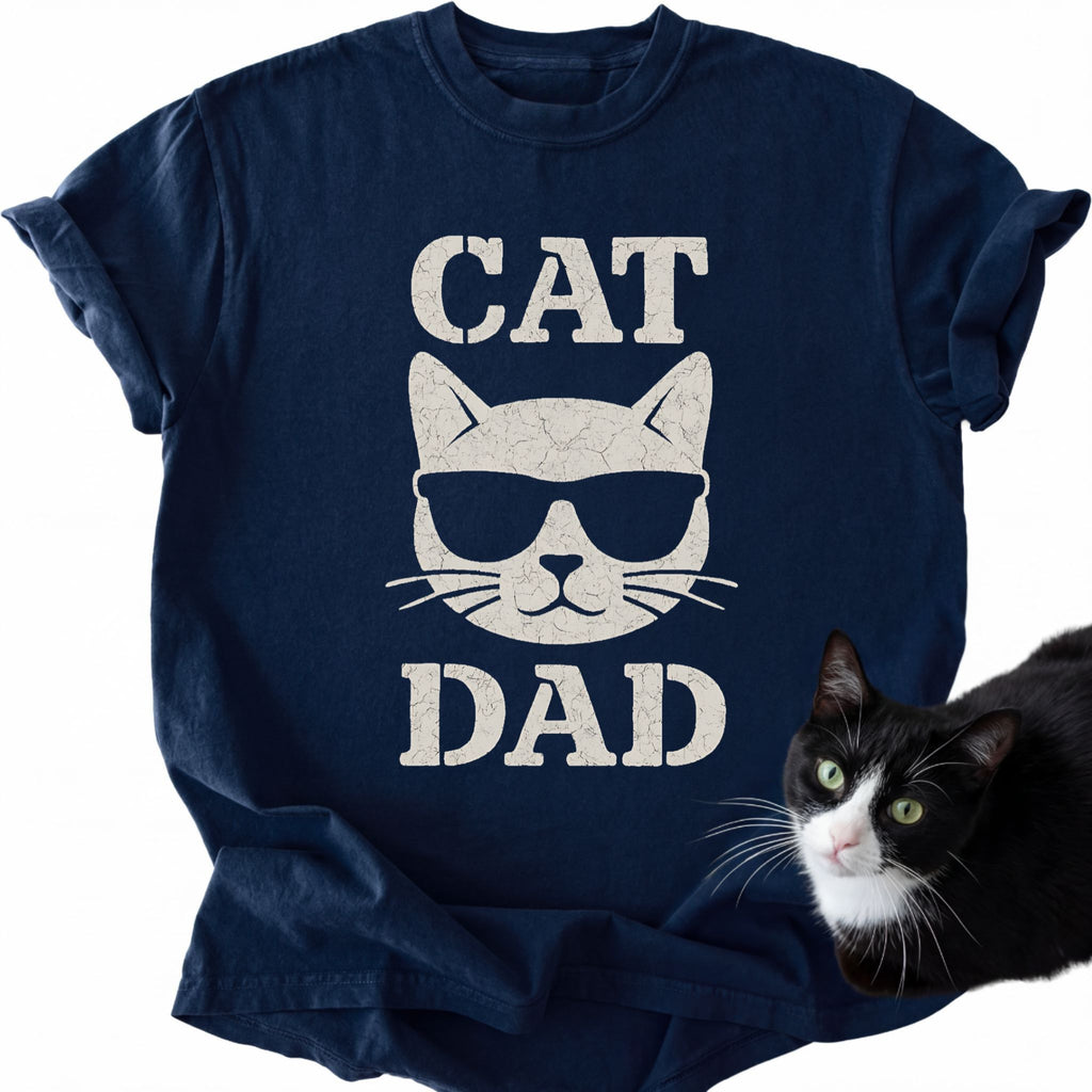 Navy blue Cat Dad graphic tee with sunglasses cat artwork