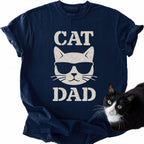 Navy blue Cat Dad graphic tee with sunglasses cat artwork