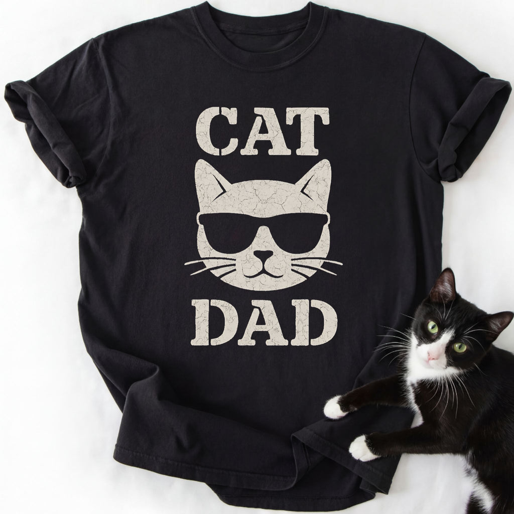 Black Cat Dad graphic tee with sunglasses cat design