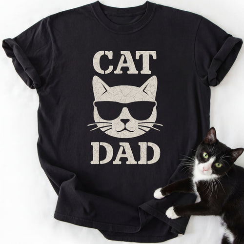 Black Cat Dad graphic tee with sunglasses cat design