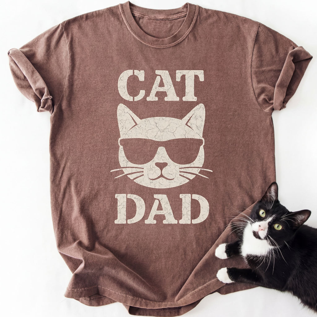Brown Cat Dad crew neck shirt with distressed cat face print