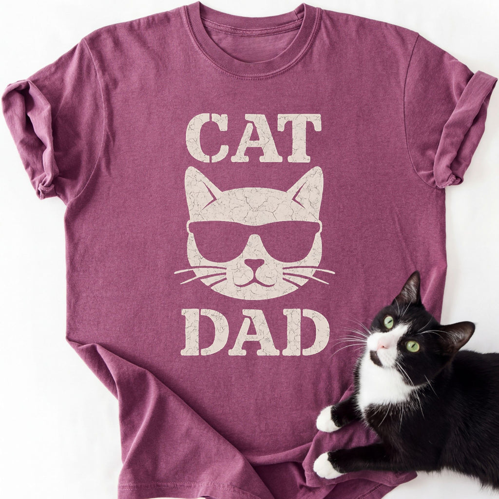 Maroon heather Cat Dad t-shirt featuring sunglasses cat graphic