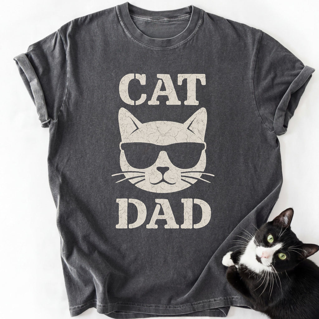 Dark gray Cat Dad short sleeve shirt with white cat graphic
