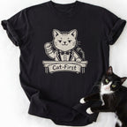 Black soft-washed cotton t-shirt with Cat-First cat graphic
