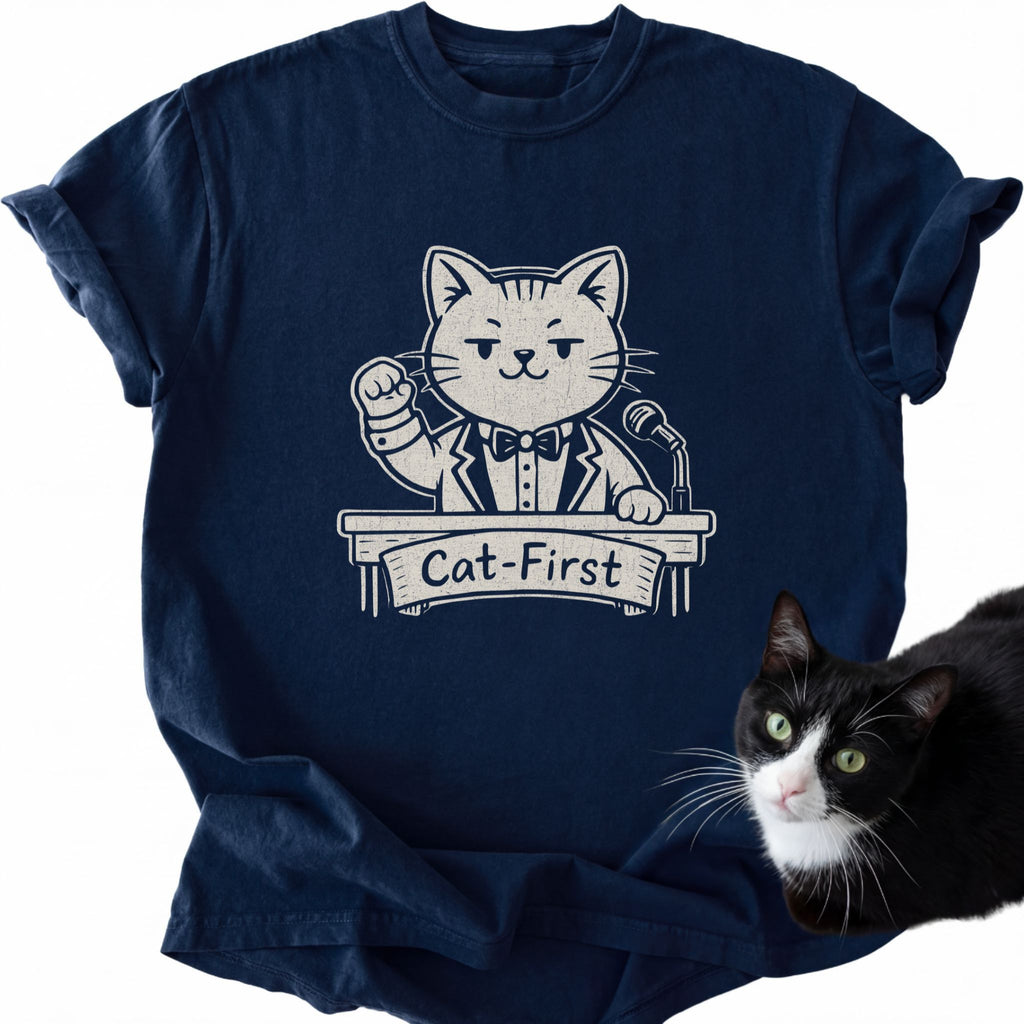 Navy blue relaxed fit t-shirt with Cat-First cat design