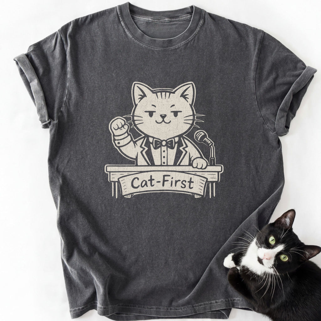 Dark gray stone-washed t-shirt with Cat-First cat print