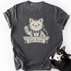 Dark gray stone-washed t-shirt with Cat-First cat print