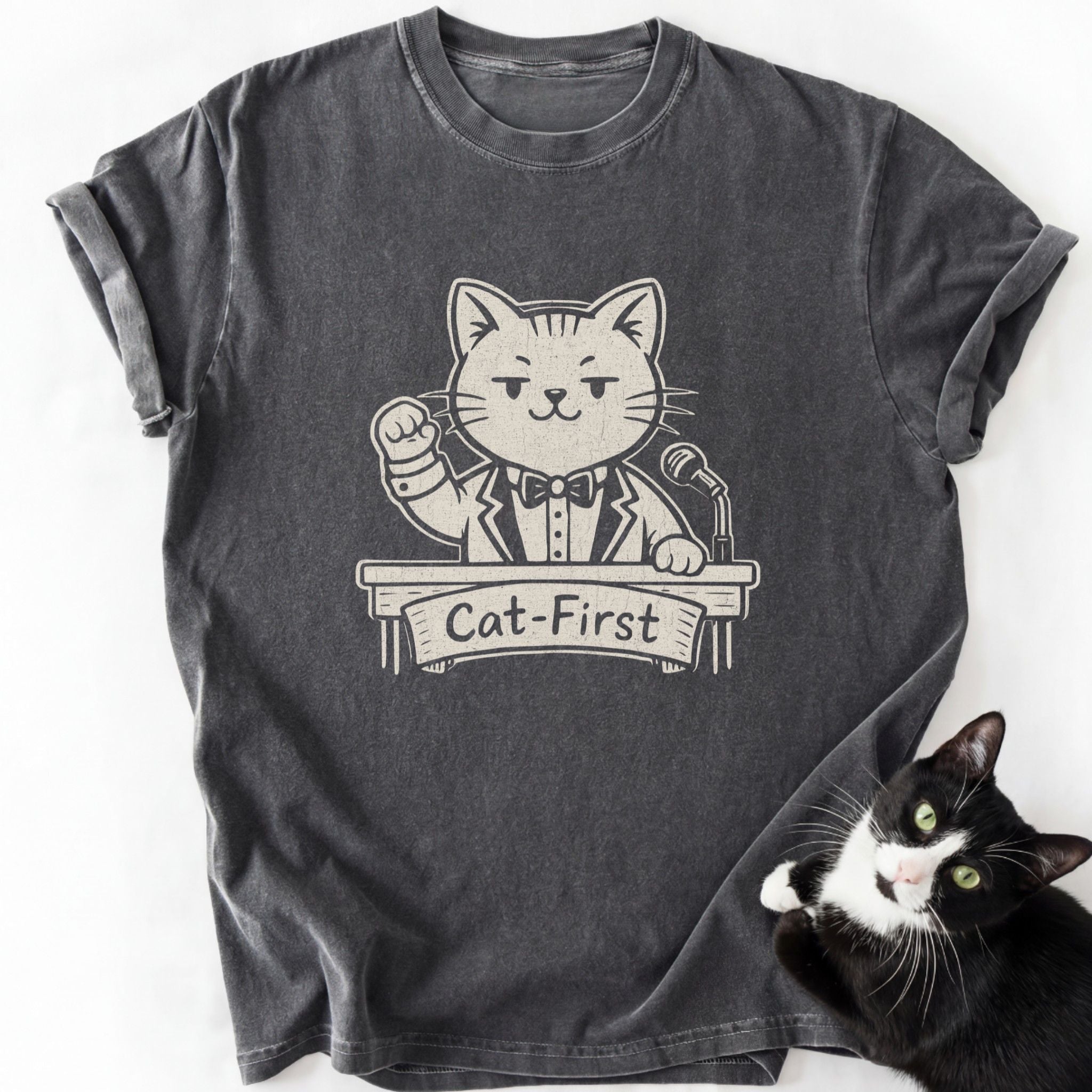 Dark gray stone-washed t-shirt with Cat-First cat print