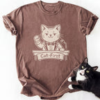 Brown garment-dyed t-shirt featuring Cat-First cat graphic