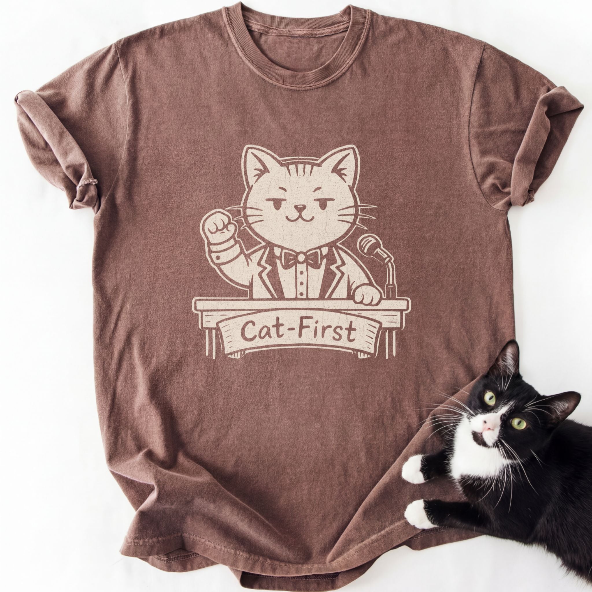 Brown garment-dyed t-shirt featuring Cat-First cat graphic