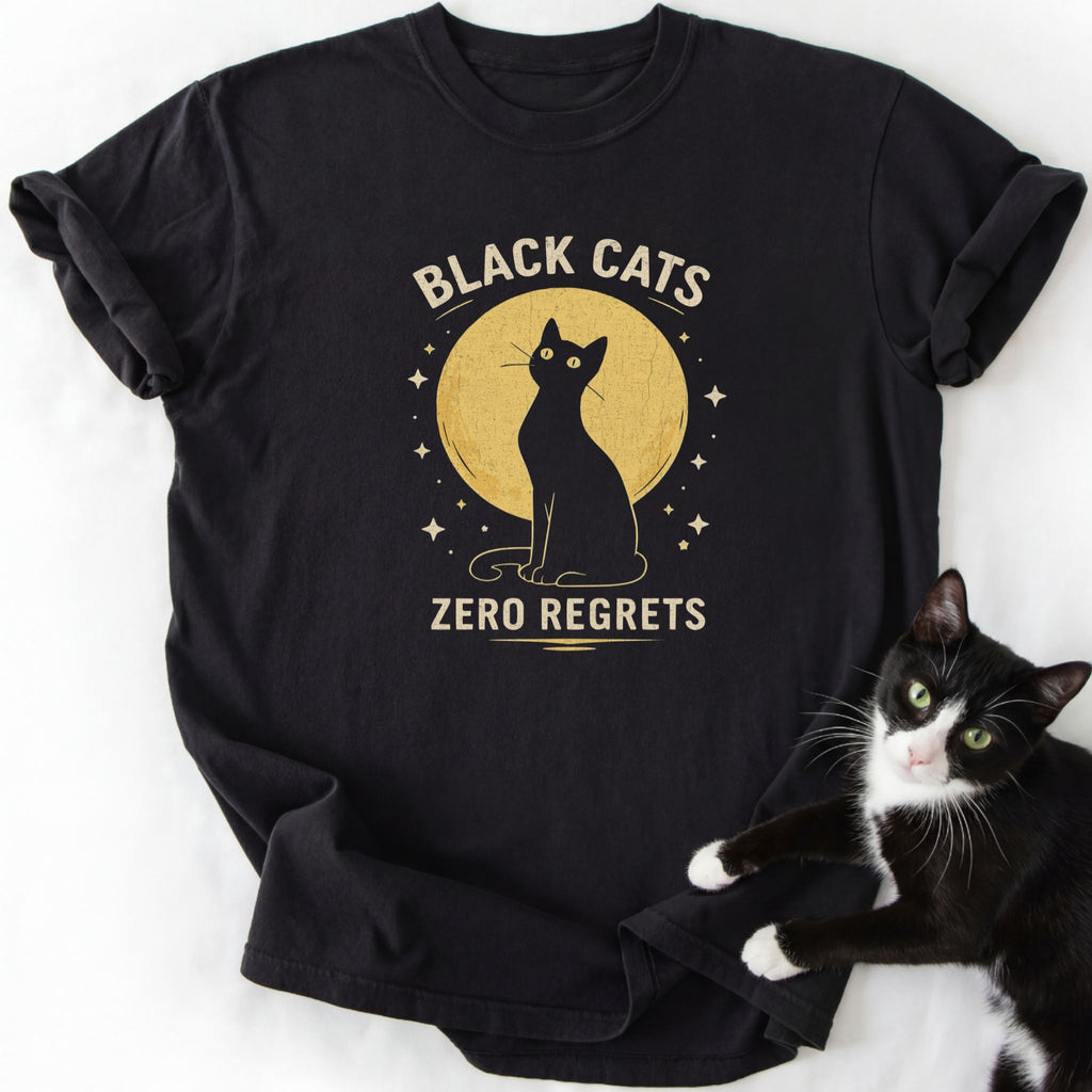 Black Cats Zero Regrets black cotton t-shirt with arched text and cat moon art
