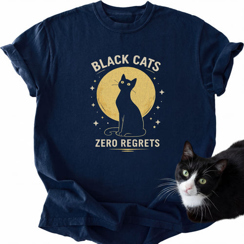 Navy Blue Black Cats Zero Regrets t-shirt featuring cat and moon graphic print