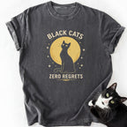 Black Cats Zero Regrets graphic tee in dark gray with cat silhouette and moon design