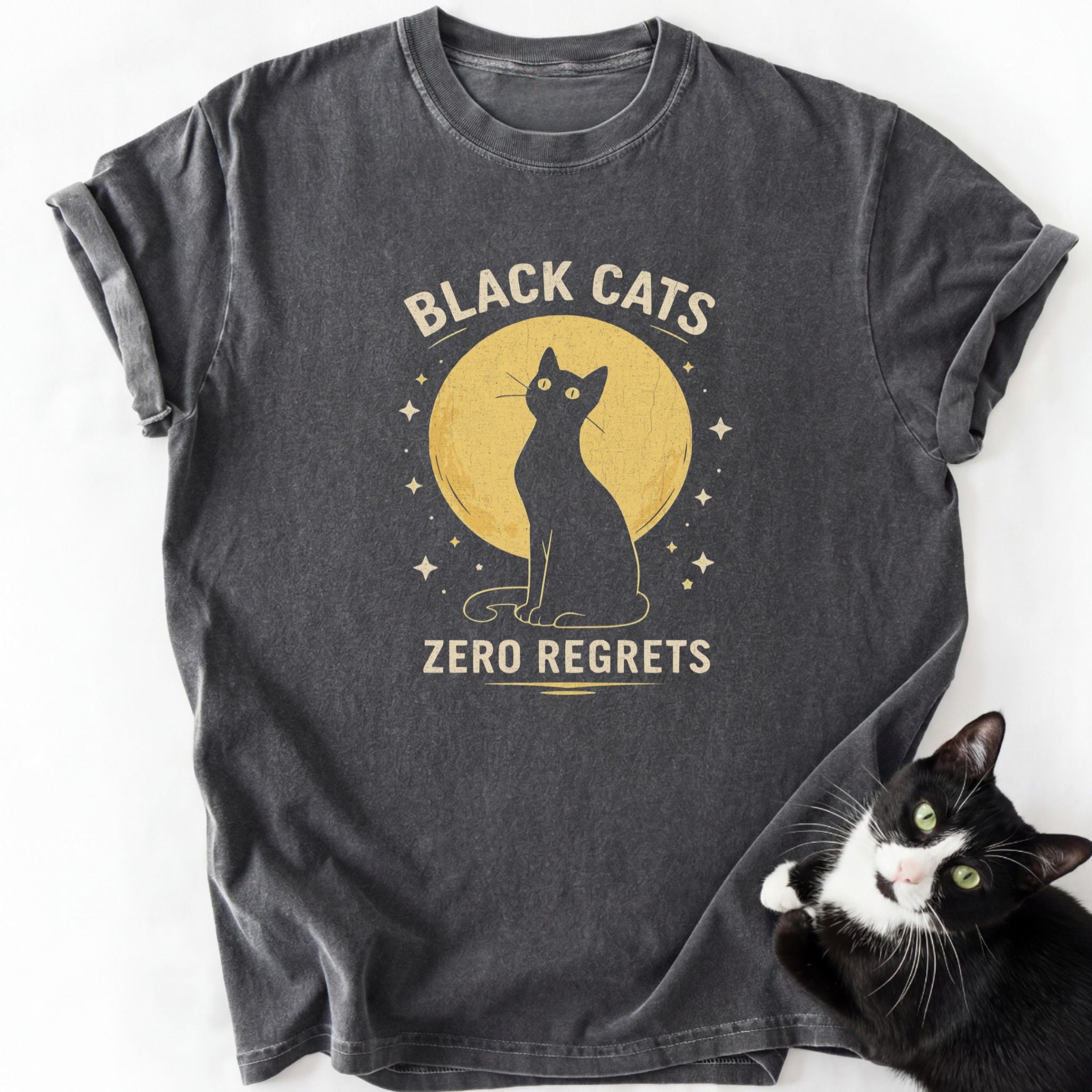 Black Cats Zero Regrets graphic tee in dark gray with cat silhouette and moon design