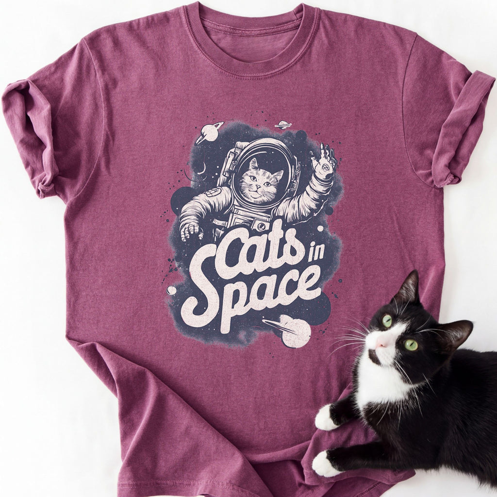Burgundy relaxed fit t-shirt featuring waving space cat graphic