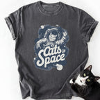 Heather gray CC1717 shirt with 'Cats in Space' astronaut print