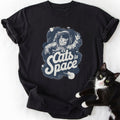 Black classic crew neck t-shirt with astronaut cat and stars