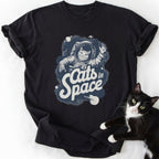 Black classic crew neck t-shirt with astronaut cat and stars