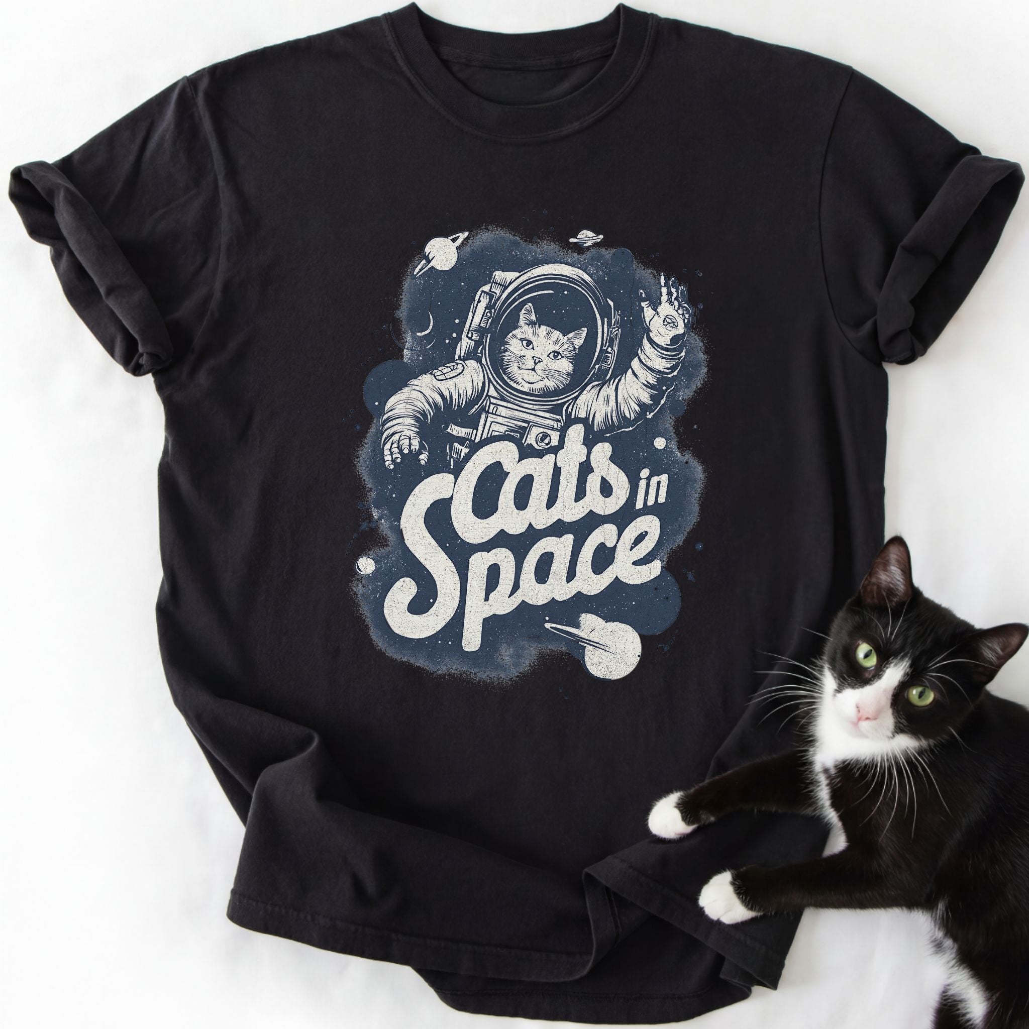 Black classic crew neck t-shirt with astronaut cat and stars