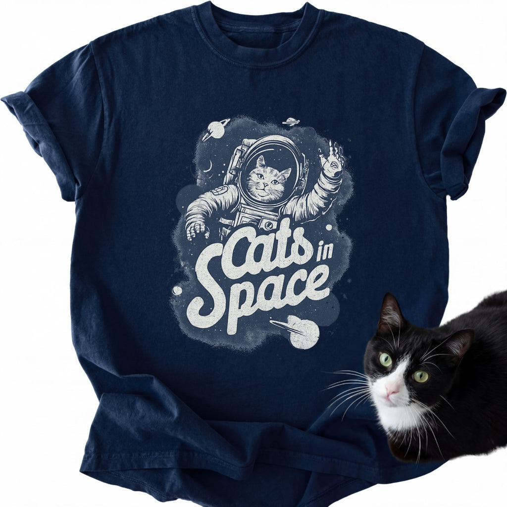 Navy Cats in Space graphic tee with astronaut cat design
