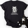 Black Coffee Right Meow cat graphic tee with kawaii coffee cup design