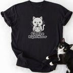 Black Coffee Right Meow cat graphic tee with kawaii coffee cup design