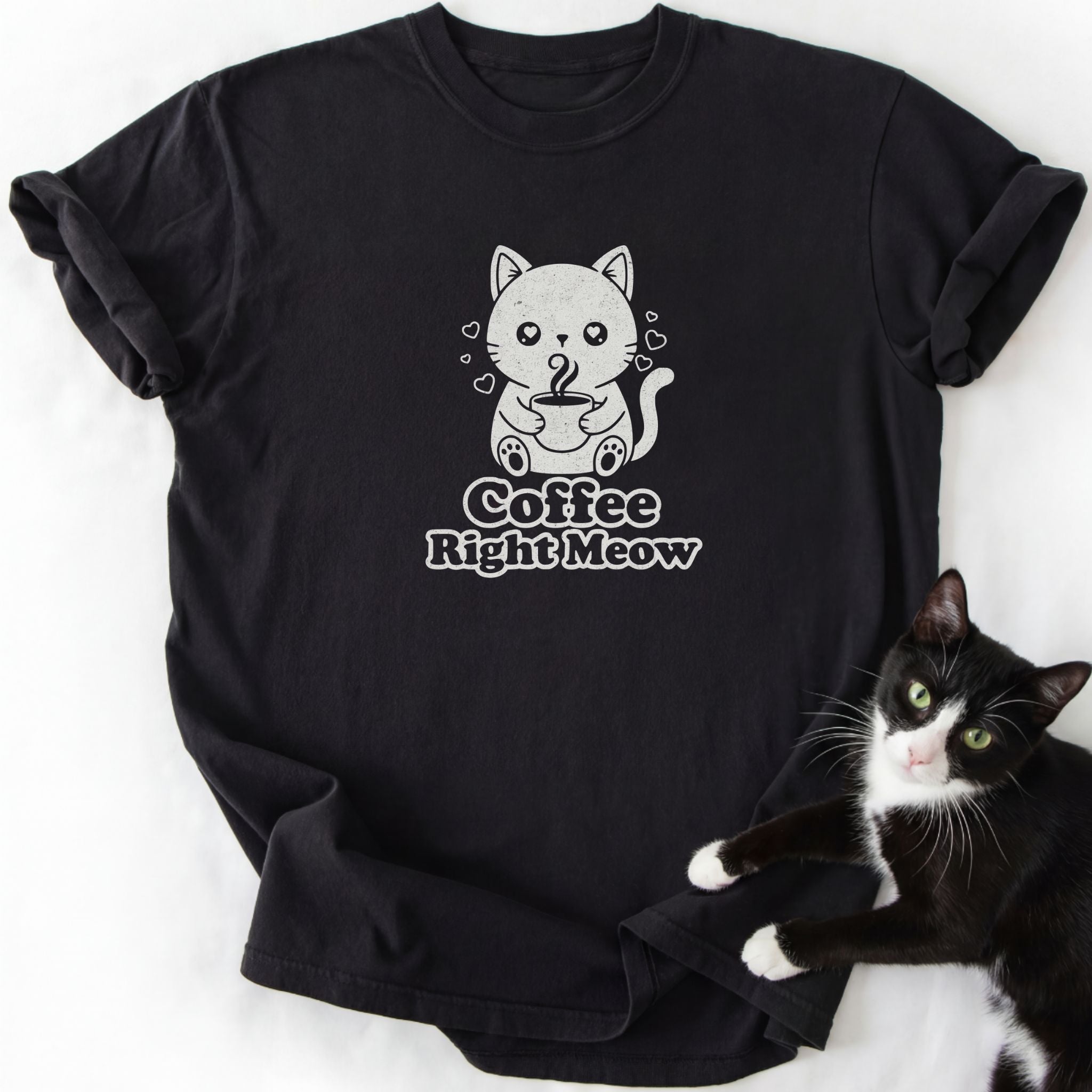 Black Coffee Right Meow cat graphic tee with kawaii coffee cup design