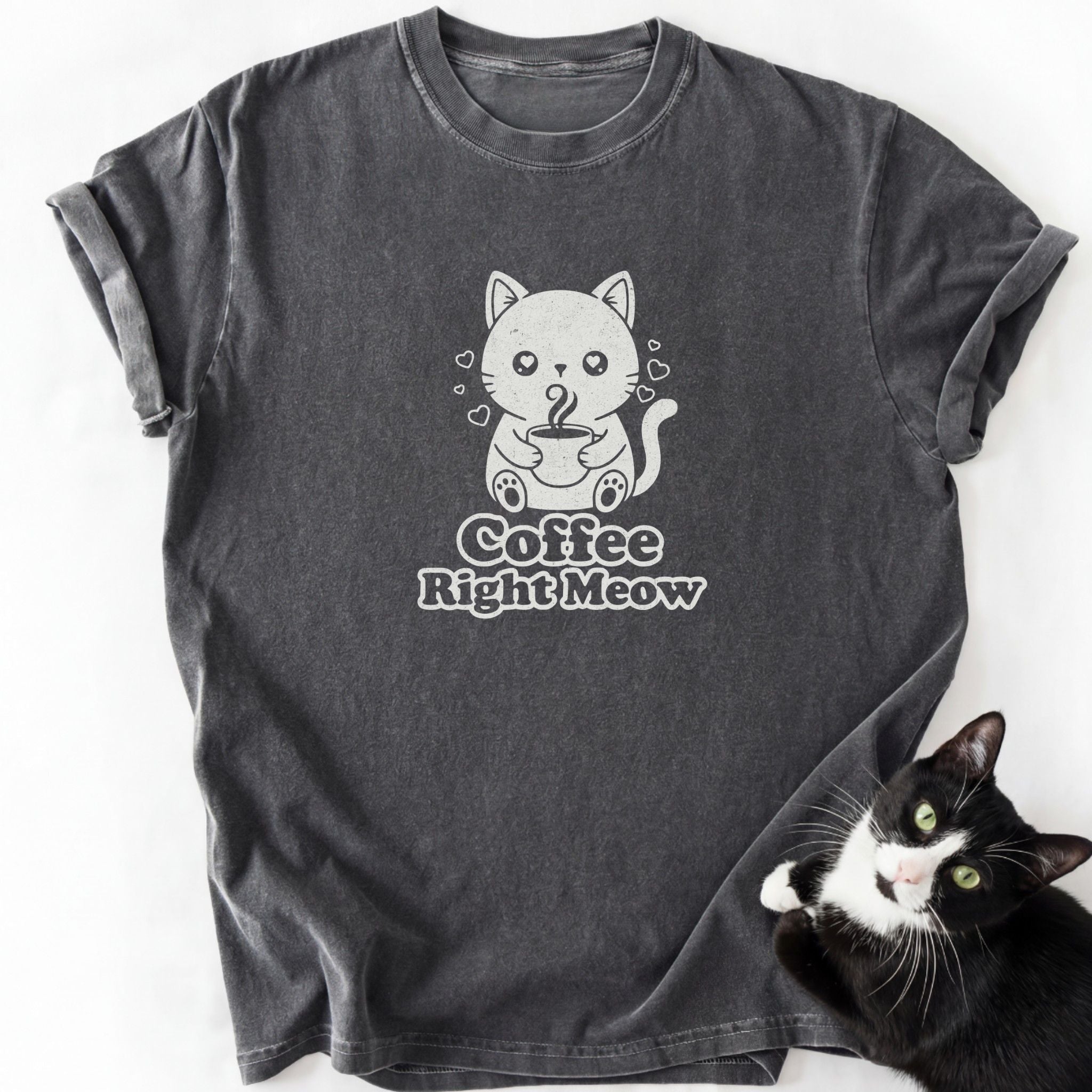 Dark gray heathered Coffee Right Meow cat dad graphic tee