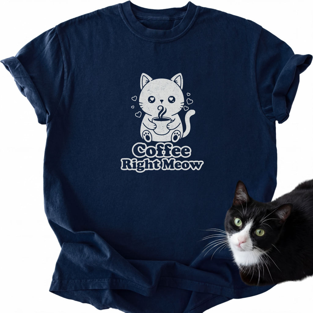 Navy blue Coffee Right Meow cat lover t-shirt featuring cute coffee art
