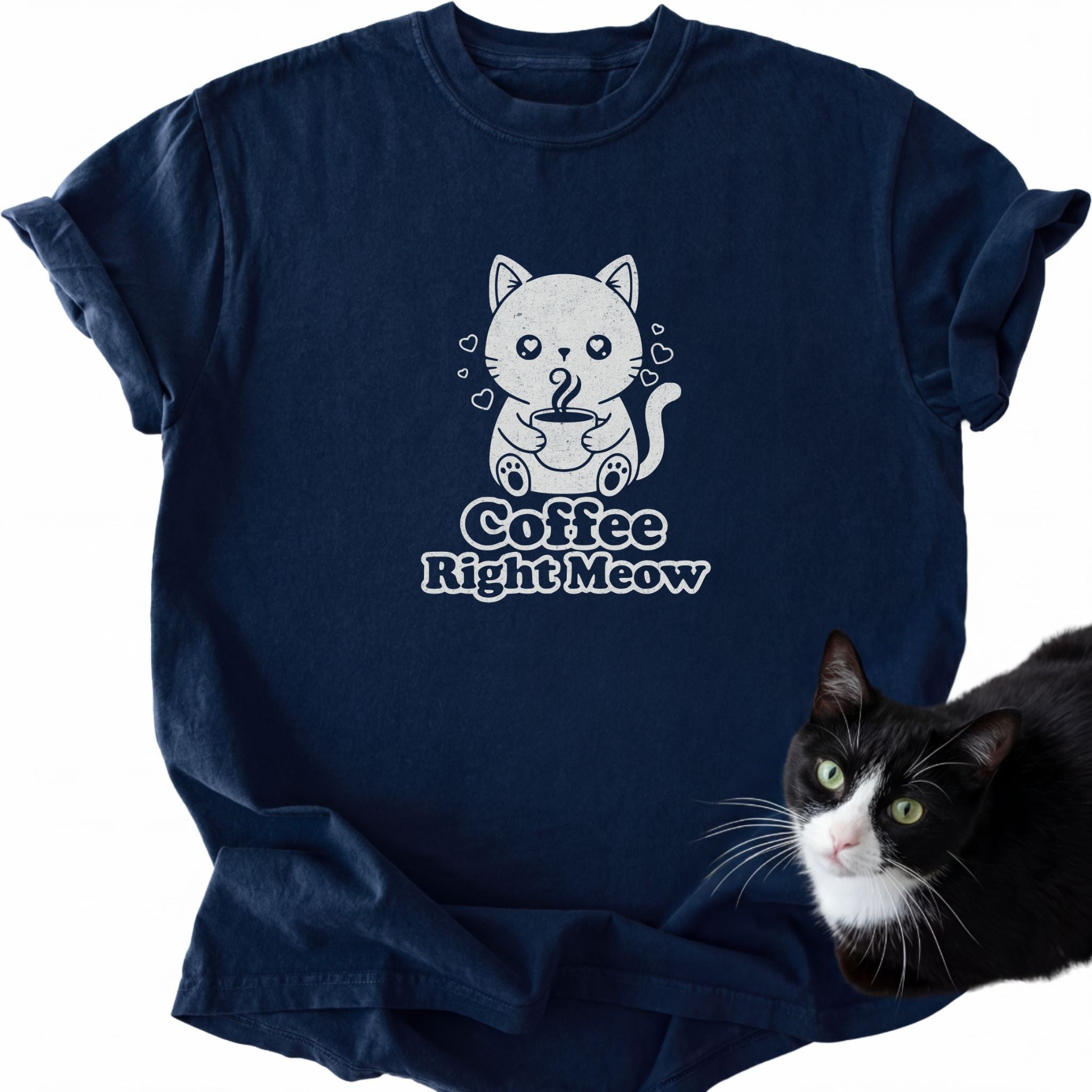 Navy blue Coffee Right Meow cat lover t-shirt featuring cute coffee art
