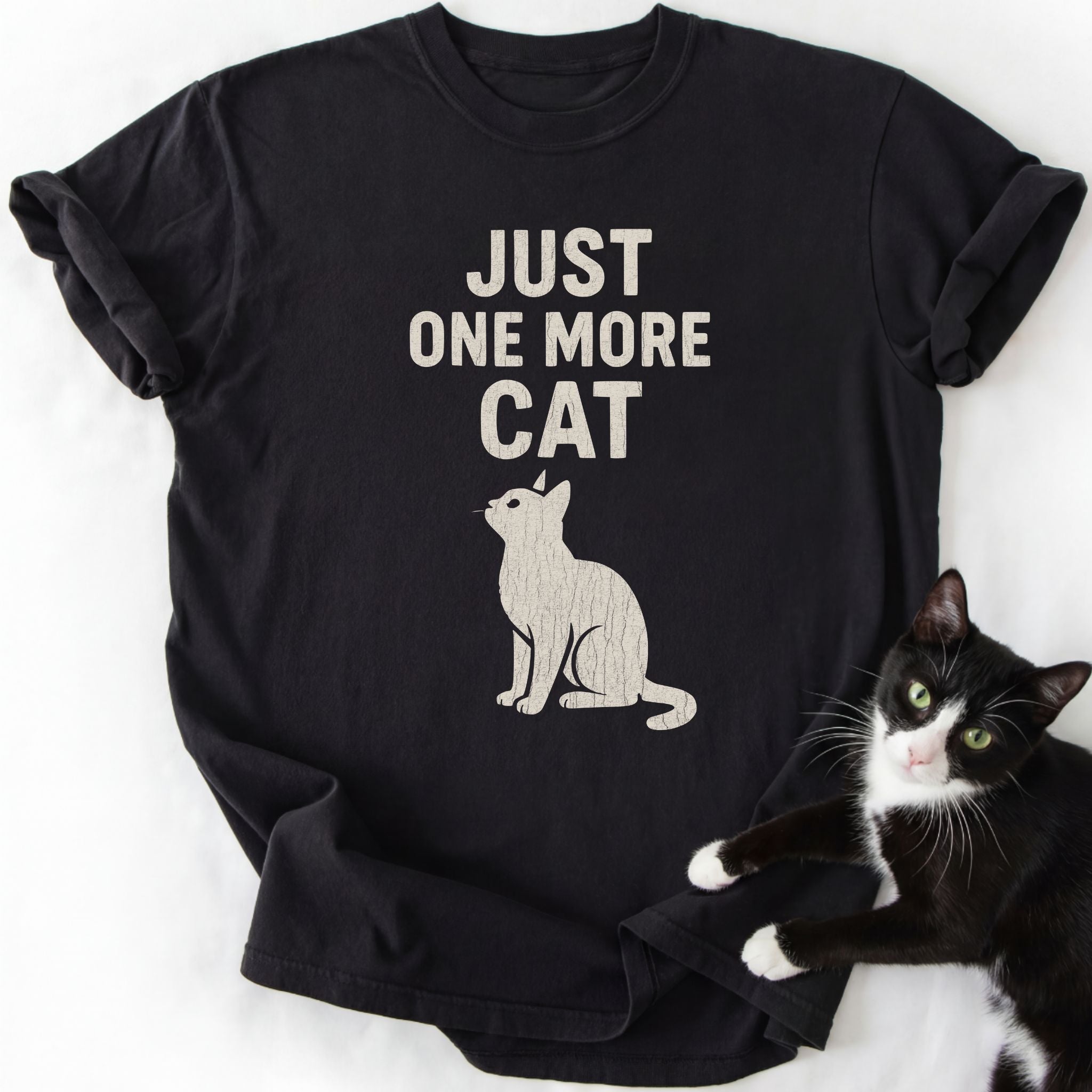 Black Just One More Cat graphic tee with distressed cat silhouette