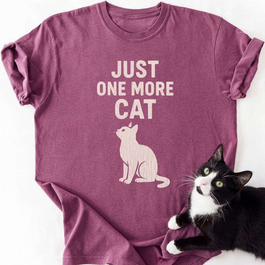 Magenta heathered Just One More Cat graphic tee featuring distressed cat art