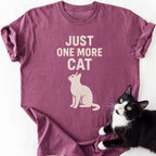 Magenta heathered Just One More Cat graphic tee featuring distressed cat art
