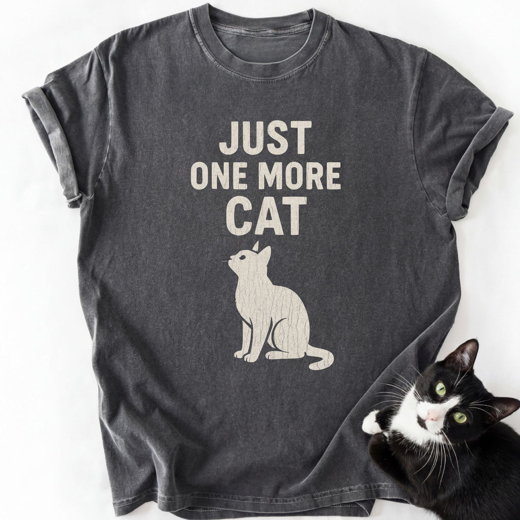 Dark gray heathered Just One More Cat t-shirt with vintage-style cat silhouette