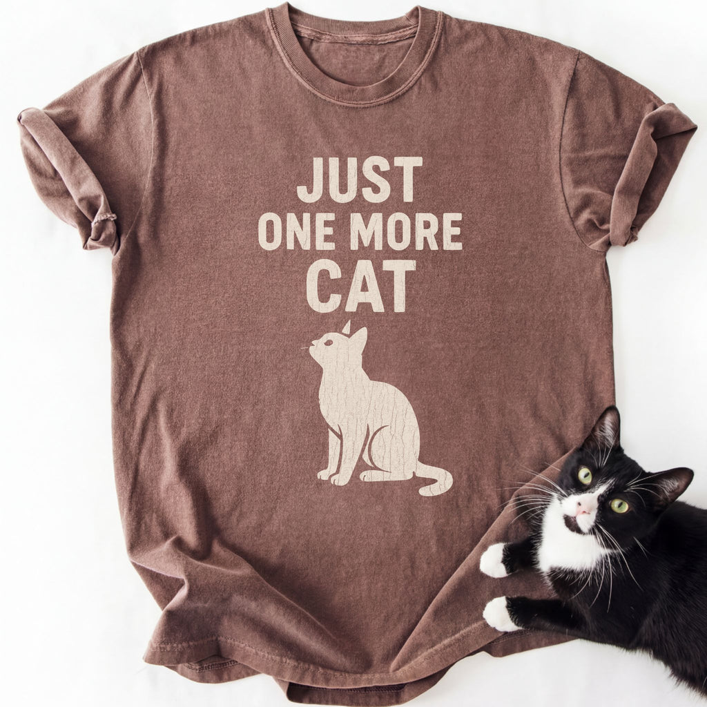 Brown heathered Just One More Cat t-shirt with vintage cat print