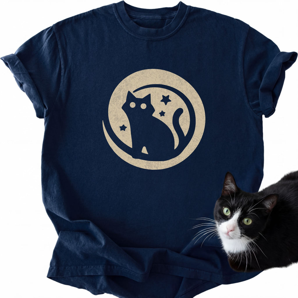 Navy blue Moon Badge Cat T-Shirt featuring crescent moon and stars design