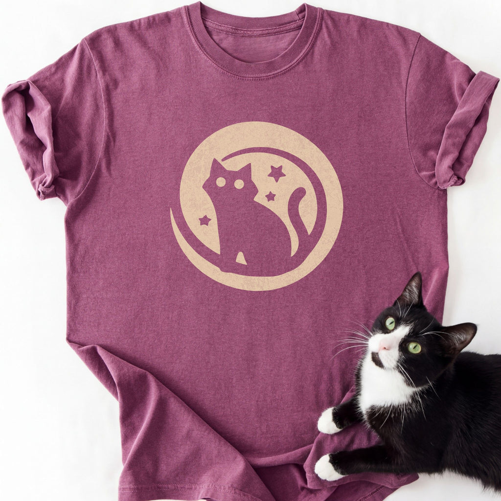 Maroon heathered Moon Badge Cat T-Shirt with black cat and moon print