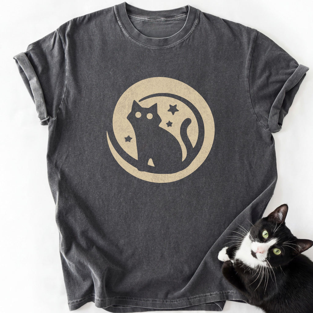 Dark gray Moon Badge Cat T-Shirt with cat silhouette and moon graphic