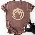 Brown Moon Badge Cat T-Shirt displaying cat inside crescent moon graphic
