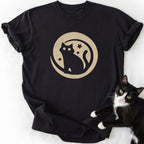 Black Moon Badge Cat T-Shirt with beige moon and star cat silhouette