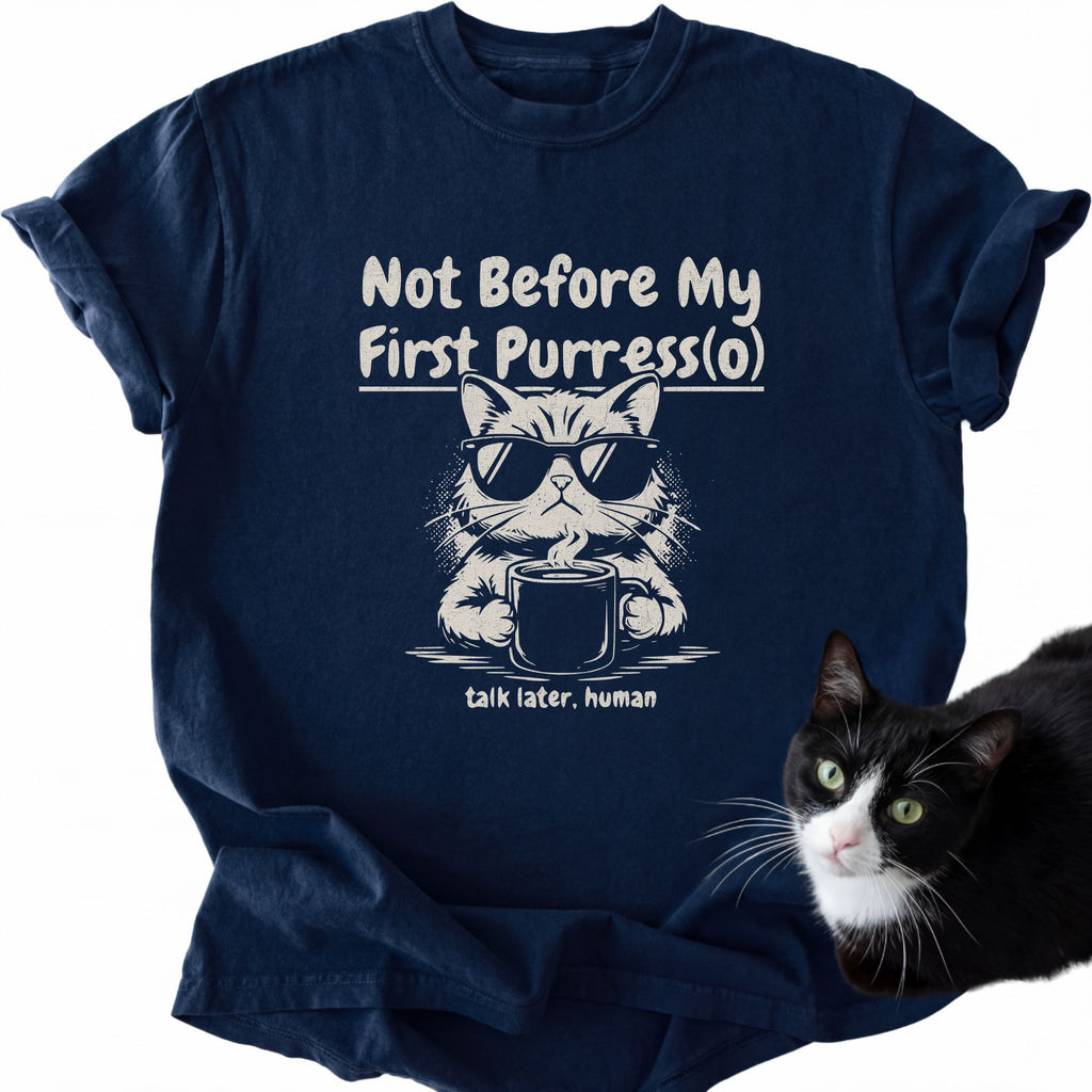 Navy cat graphic tee with 'Not Before My First Purrress(o)' text and sunglasses cat design