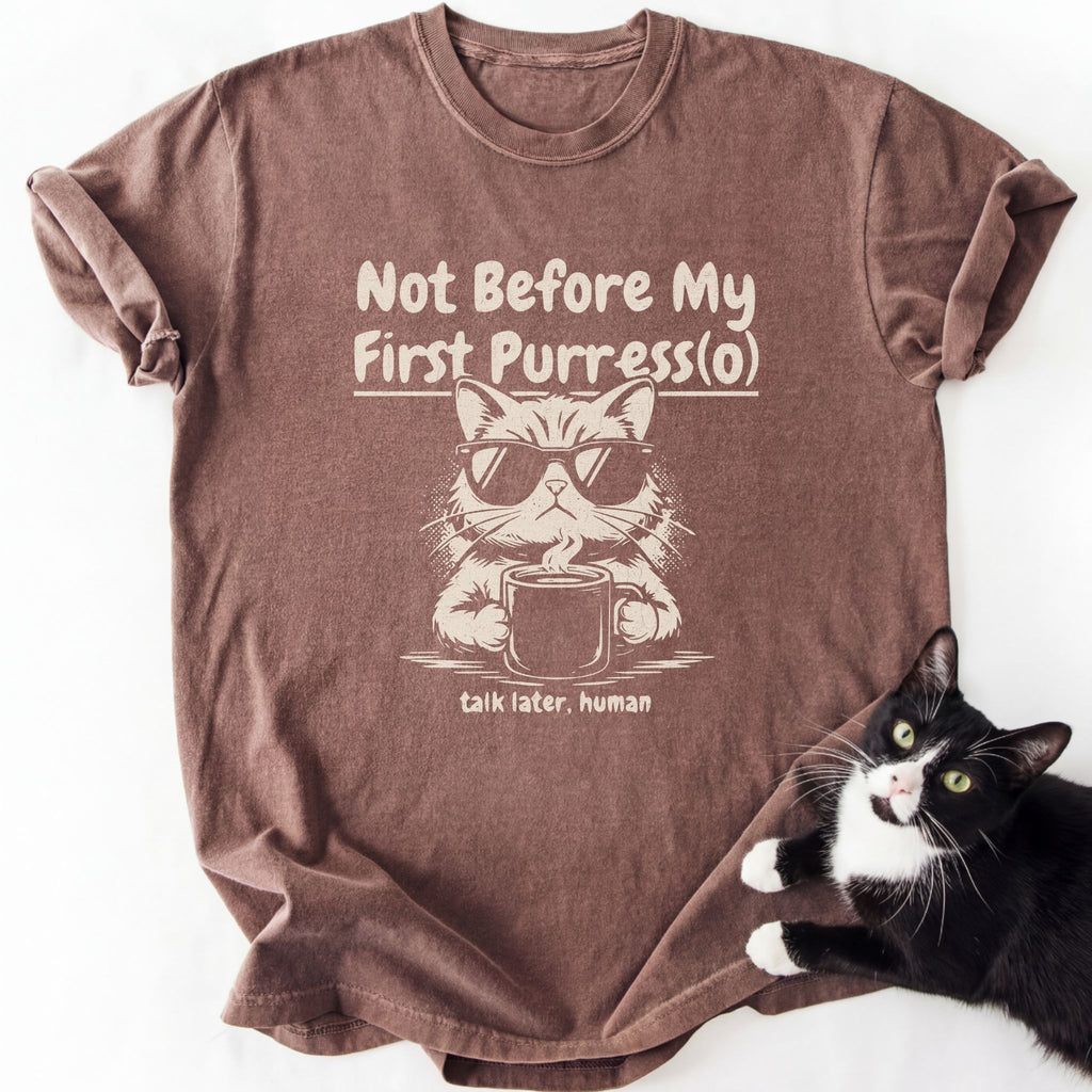 Brown heather cat dad shirt with relaxed fit and humorous cat graphic print