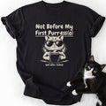 Black cat lover t-shirt featuring cartoon cat with mug and 'talk later human' slogan
