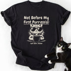 Black cat lover t-shirt featuring cartoon cat with mug and 'talk later human' slogan
