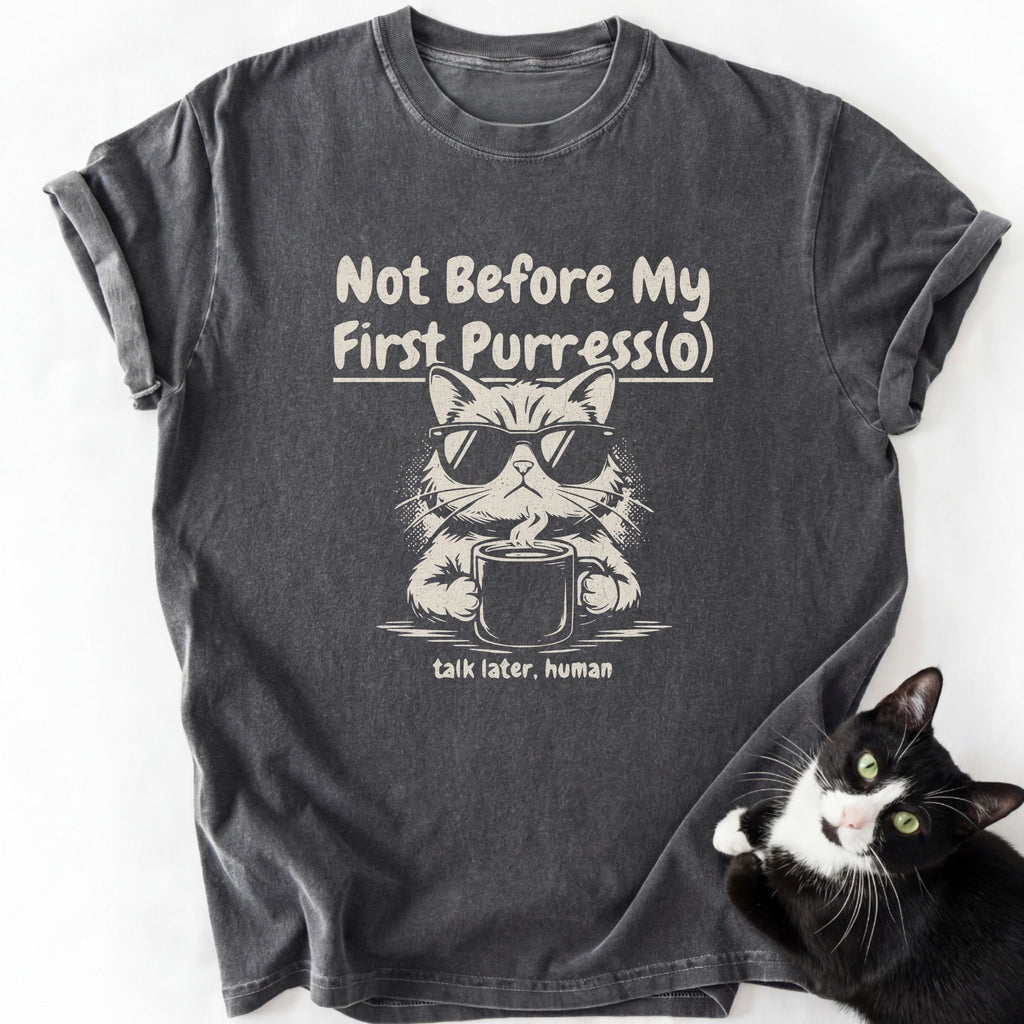 Gray heather cat aesthetic t-shirt with double-needle stitching and cat holding mug