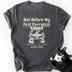 Gray heather cat aesthetic t-shirt with double-needle stitching and cat holding mug