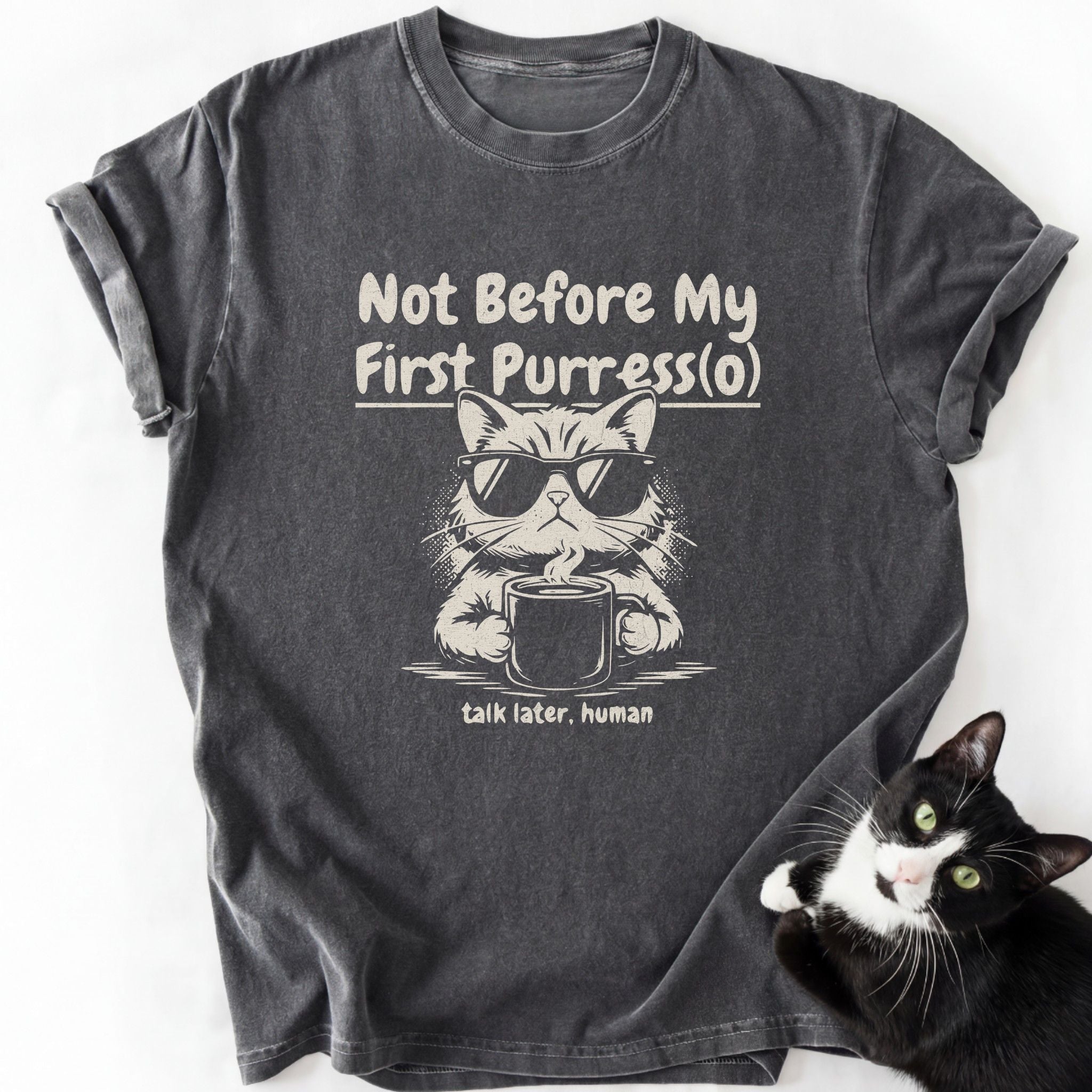 Gray heather cat aesthetic t-shirt with double-needle stitching and cat holding mug