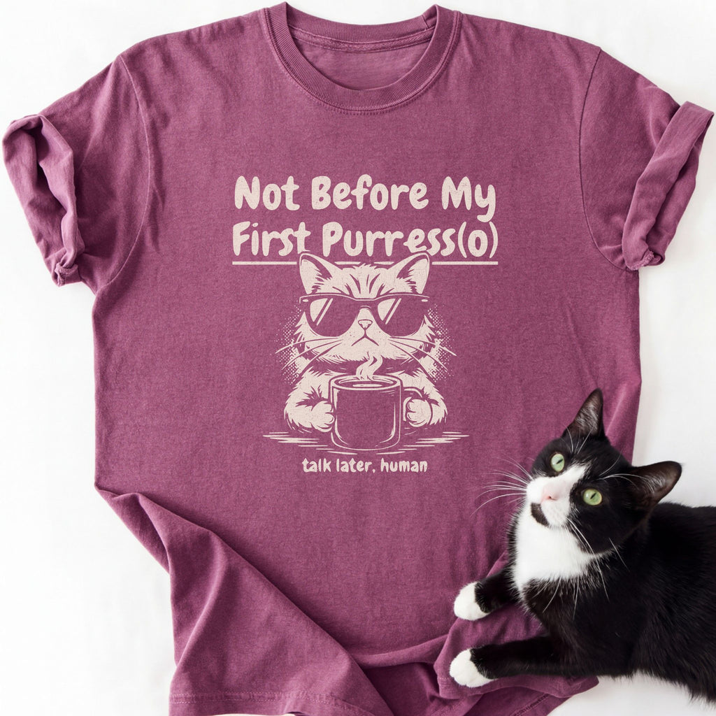 Magenta heather cat mom tee with soft-washed cotton and funny cat meme design