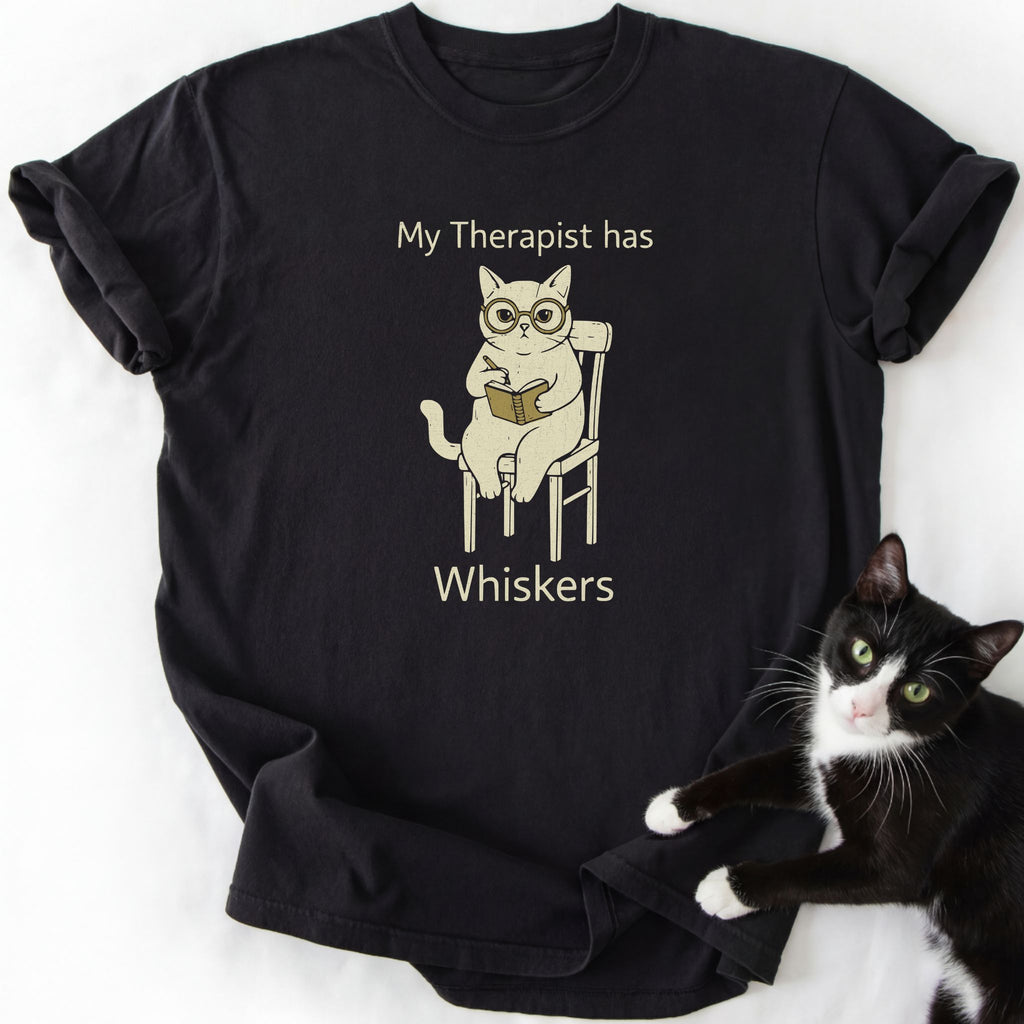 Black My Therapist Has Whiskers graphic tee with cat reading book design
